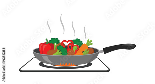 Sizzling vibrant fresh vegetables and plant-based protein cooking in a hot pan on a stovetop, healthy meal preparation