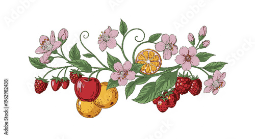 A colorful arrangement of fruit and flowers on a vine with green leaves and pink blossoms in bloom everywhere outside