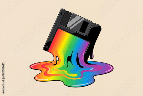 Floppy disk melting into a rainbow puddle on a light background