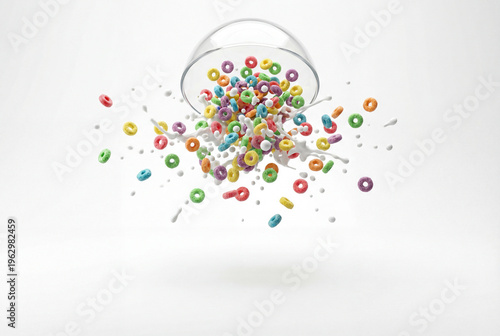 Colorful breakfast cereal with milk splashing from an overturned bowl