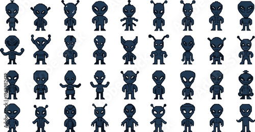 cartoon alien characters, extraterrestrial creatures, sci‑fi icons, fantasy beings, unique designs, dark blue style, flat vector illustration