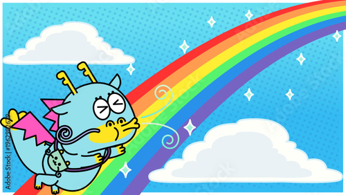 虹に向かって飛ぶかわいいドラゴンのイラスト・夢や希望を表現したポップなファンタジー素材