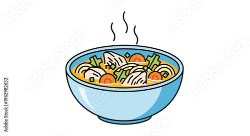 A visually appealing and heartwarming illustration depicting a steaming hot bowl of chicken, noodle, and vegetable soup, symbolizing comfort and a