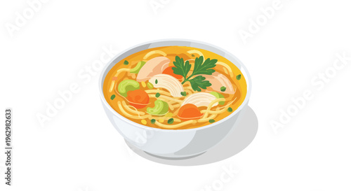 Hearty chicken noodle soup illustration with fresh vegetables and noodles, a comforting and wholesome meal offering warmth and nutrition for