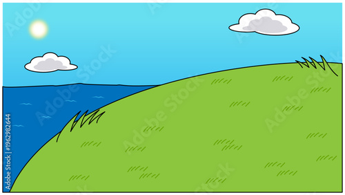 海と丘のシンプルな風景イラスト・青空と自然を感じるテキストスペース付き背景素材