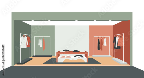 Modern Minimalist Fashion Boutique Interior Design Illustration - Flat Vector Retail Storefront with Clothing Racks and Display Table