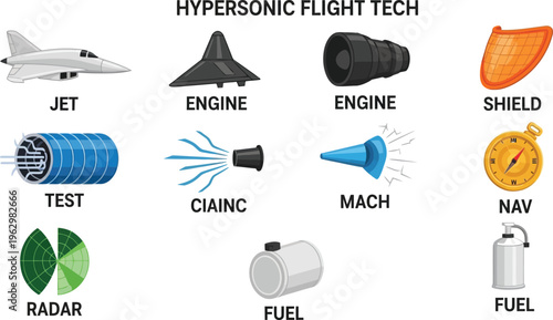 Hypersonic flight technology icons including jet engine shield radar and fuel components for aerospace innovation and defense concepts isolated on white