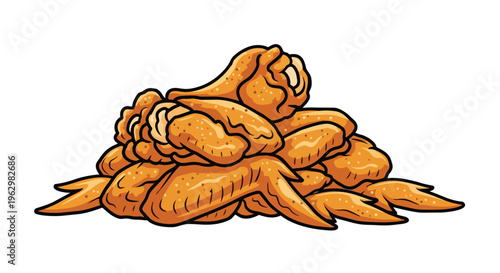 Golden brown fried chicken wings pile, crispy appetizer snack illustration, savory poultry meal, delicious food art graphic design, a truly