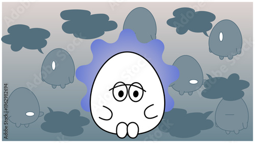 悩むキャラクターと吹き出しのイメージ・不安や考え事を表現したコンセプトイラスト