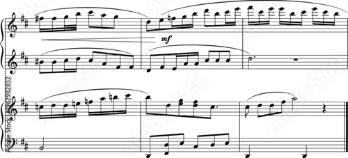 Classical piano sheet music notation with treble and bass clef staffs, flat vector illustration for melody composition score and musical education design