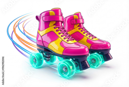 Pair of bright pink and yellow roller skates with glowing wheels