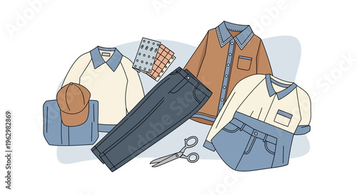 Fashion Apparel Collection Illustration with Shirts, Jeans, Scissors, and Tailoring Accessories