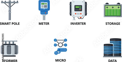 Set of smart grid technology icons including smart pole meter inverter storage transformer microgrid and data center for energy management and renewable energy concepts isolated on white