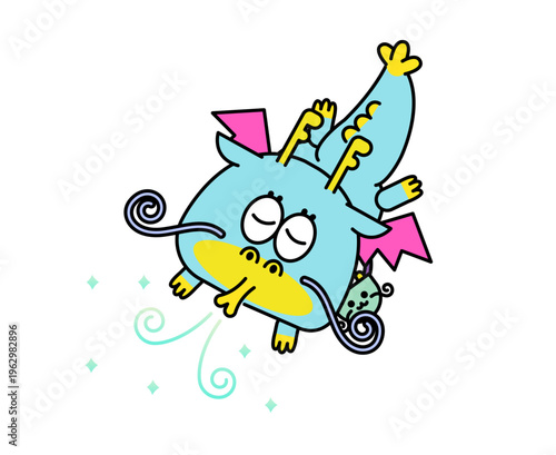 空をふわふわ飛ぶドラゴン風キャラクター・夢や癒しを表現したファンタジーイラスト