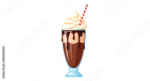 A richly decadent chocolate milkshake featuring a generous swirl of whipped cream and a festive striped straw an enticing treat for any sweet craving