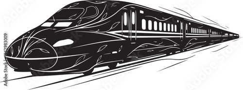 Black bullet train speeding on tracks white