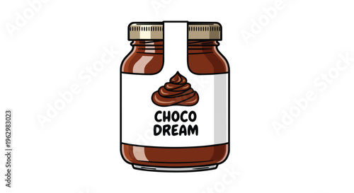 Delicious cartoon depiction of a chocolate hazelnut spread jar with a creamy swirl on the label, presenting a delightful sweet treat for culinary