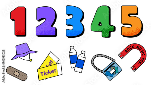 フェスのカウントダウン数字と持ち物セット・イベント準備を表現したポップなイラスト素材