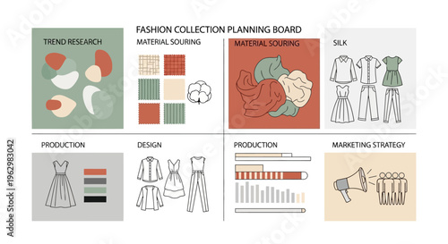 Fashion Collection Planning Board Infographic Illustrating Design Process, Material Sourcing, Garment Production, and Marketing Strategy