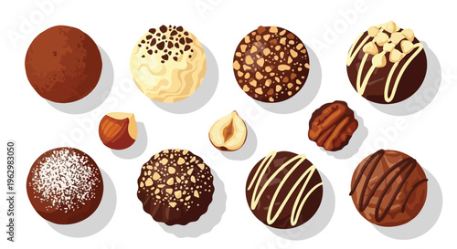 Artisan chocolate truffles, gourmet bonbons. Diverse toppings. Rich cocoa, white chocolate, nuts, sprinkles. Fresh hazelnuts, pecan. Decadent