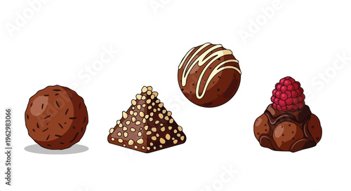Vector illustration of gourmet chocolate treats. Assorted truffles, nut pralines, elegant drizzled bonbons, and raspberry-crowned chocolates.
