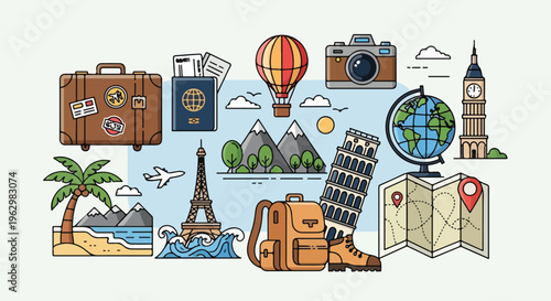A vector illustration depicts iconic travel items, a fun travel theme