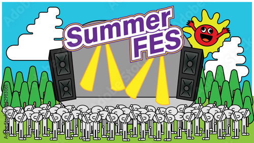夏フェスのステージと観客のイラスト・音楽イベントを表現したポップなデザイン素材