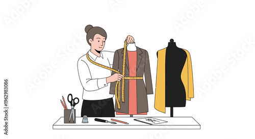 Professional Female Fashion Designer Measuring Garment on Mannequin in Atelier - Minimalist Vector Illustration