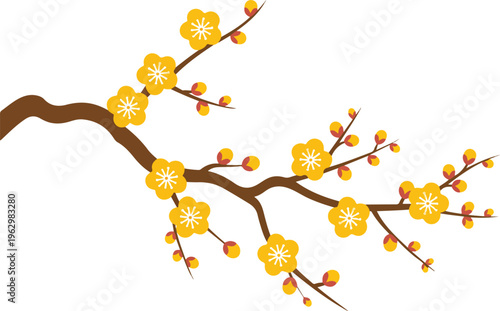 Yellow spring blossom tree branch illustration with blooming flowers botanical nature element decorative floral vector design