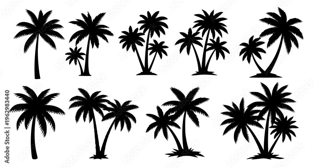 Fototapeta premium Black palm tree silhouette collection tropical beach palm shapes vector set isolated on white