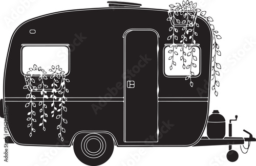 Black camper van with plants on windows and trailer