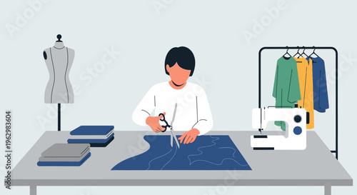 Professional Fashion Designer Cutting Fabric in a Tailor Workshop Flat Vector Illustration