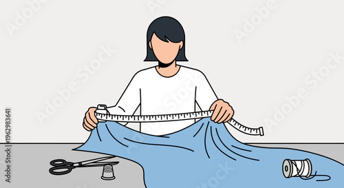 Minimalist Illustration of a Seamstress Measuring Blue Fabric with a Tape Measure, Tailoring and Sewing Concept