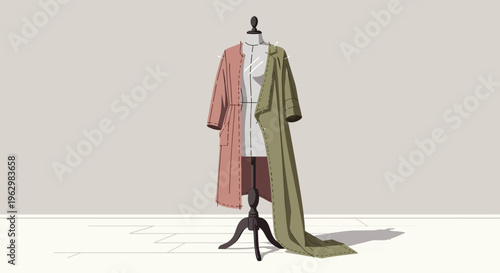 Fashion Design Concept Illustration of Tailor Mannequin with Garment Prototype in Atelier Studio