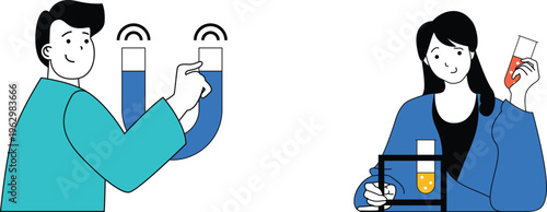 Two researchers conducting a chemistry experiment using test tubes and a digital tablet for analysis in a lab setting