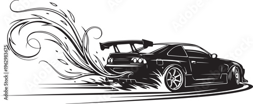 Black car with spoiler speeding on road with motion lines