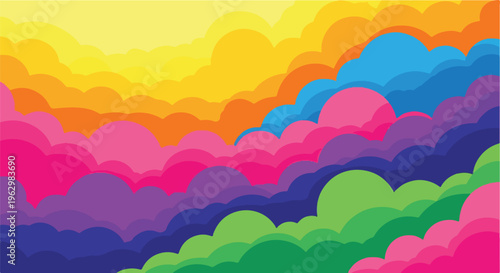 A vibrant abstract artwork featuring layers of colorful cloud shapes
