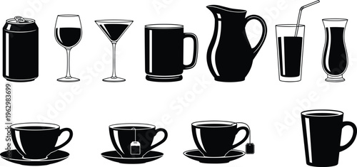 Drinkware and beverage icon collection, soda wine martini beer coffee tea vector illustration, kitchen design elements, flat vector illustration