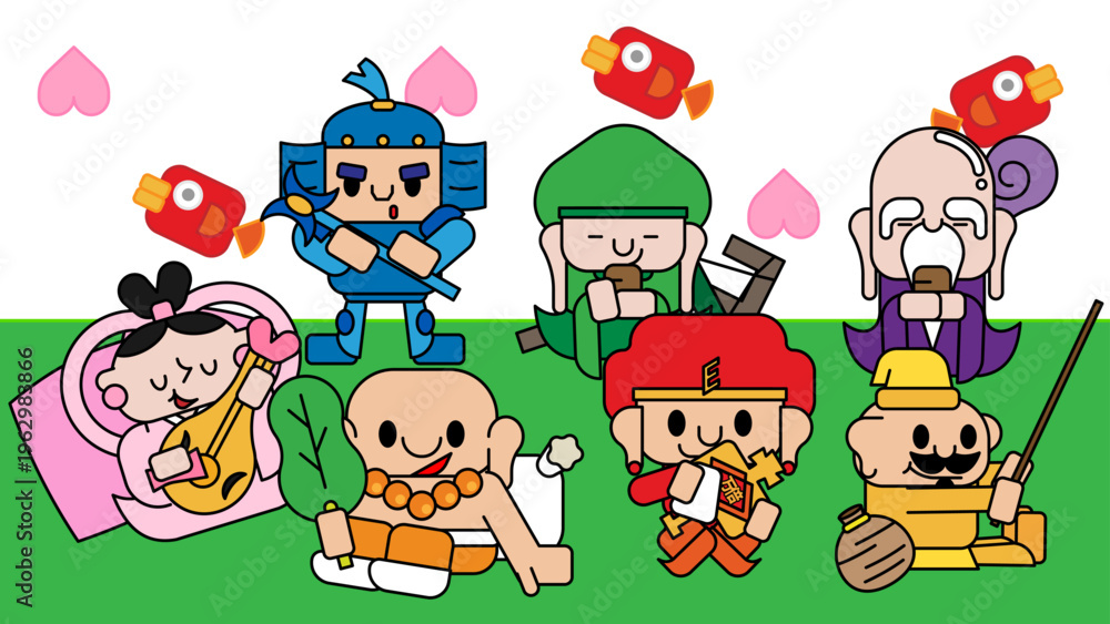 Fototapeta premium 七福神ポップイラスト|縁起・開運・和風キャラクターセット