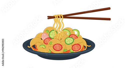 Vibrant vector art of delicious golden noodles with fresh cucumber and tomato. Chopsticks lift a portion. This represents a healthy tasty Asian meal