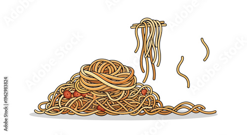 A whimsical illustration capturing a delicious tangle of spaghetti strands with hints of sauce ready for a delightful culinary experience a true