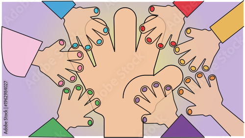 みんなで手を重ねるチームワークと協力のイラスト