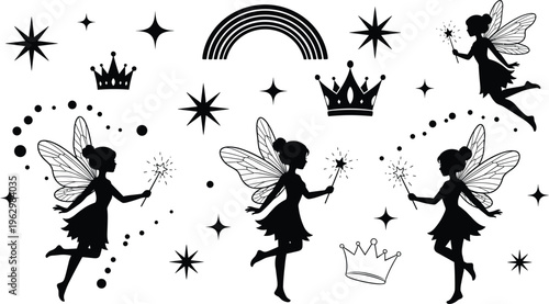 Fairy silhouette vector set, magical flying fairy with wand, stars, crowns and rainbow elements, fantasy illustration collection for design