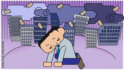 地震におびえて身をかがめる男性会社員の防災イラスト