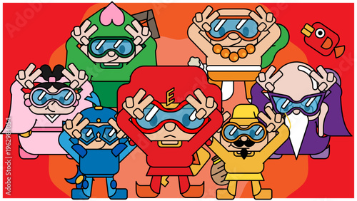 ポーズを決める七福神キャラクターのお正月イラスト