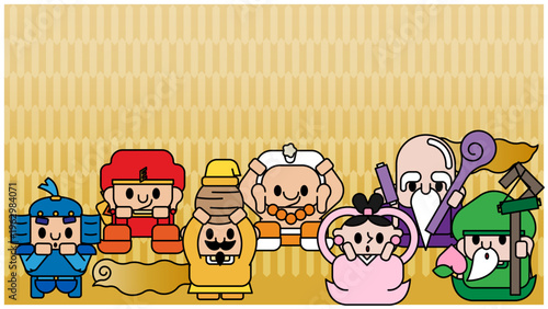 七福神のキャラクター集合イラスト ポップなフラットデザイン