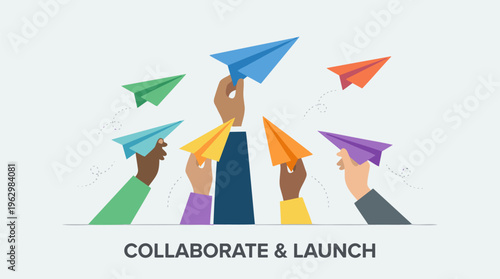 Diverse hands launching a fleet of vibrant paper airplanes with flight trails, symbolizing teamwork, innovation, and project startup in business. Flat design illustration, bright multicolor, vector.