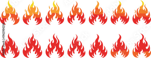 Fire flame icon set with various blazing shapes and gradients, flat vector illustration for heat energy danger symbol and design