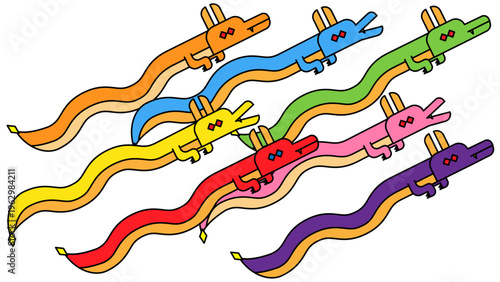 7匹のカラフルな龍のイラスト 疾走感のある開運・縁起物ベクター素材