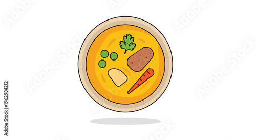 A delightful and wholesome illustration of a warm, vegetable-rich soup featuring green peas, orange carrots, and rustic potatoes in a vibrant yellow